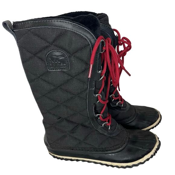 Sorel Quilted Tall Snow Boot Black Leather Waterproof Lace Up Lined Women’s 7.5 - Picture 1 of 7